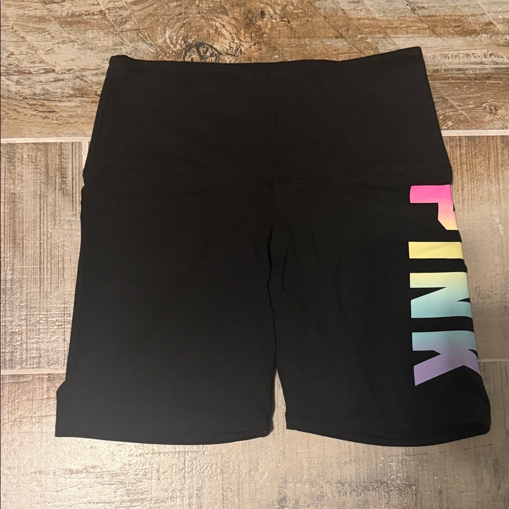 PINK Victoria's Secret Black Bike Shorts with Rainbow Logo